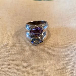 Sterling silver blue topaz and amethyst ring